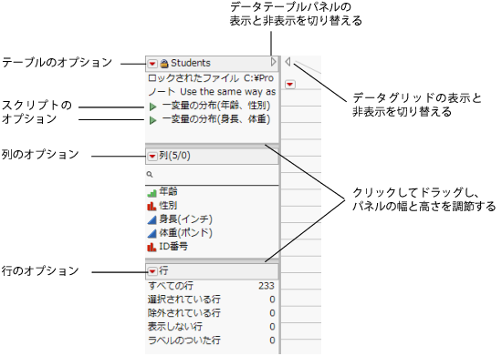 Interacting with the Data Table Panels