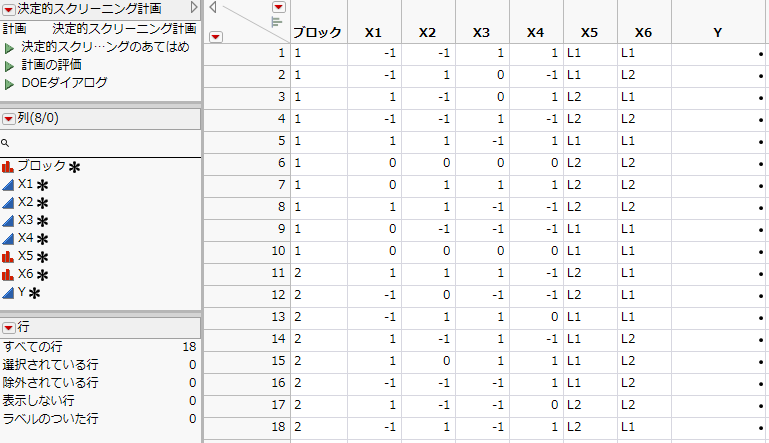 Definitive Screening Design Table Showing Scripts