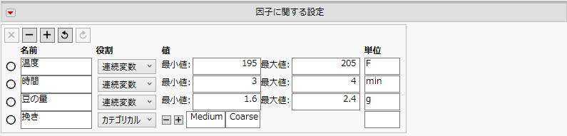 Completed Factor Table on the Easy DOE Define Tab