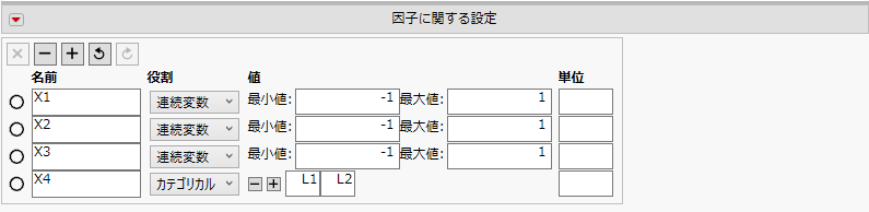 Initial Factor Table on the Easy DOE Define Tab
