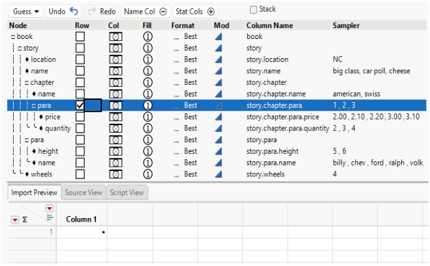 Row Element Selected in the Row Column
