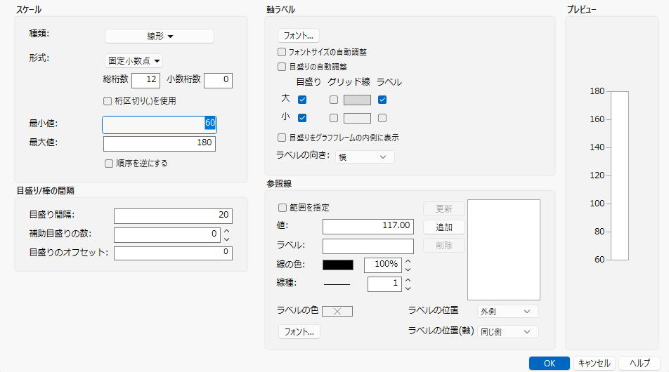 Axis Settings Window for a Numeric (Continuous) Axis