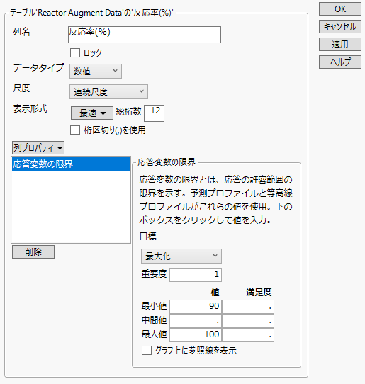 Response Limits Column Property for the Percent Reacted Column