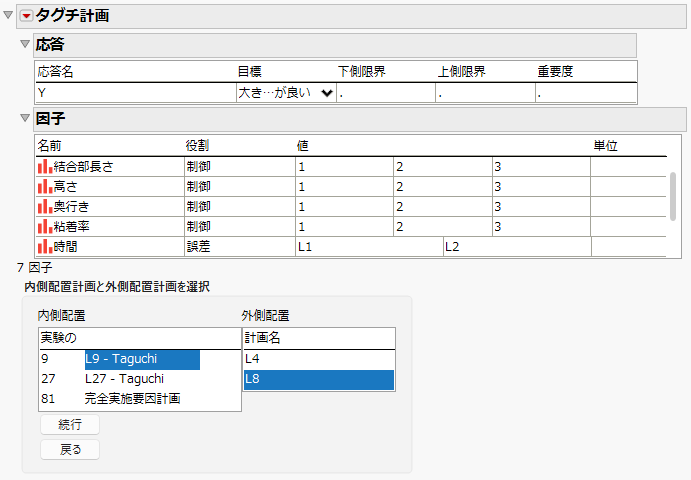Completed Taguchi Design Window