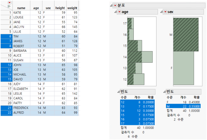 Example of a JMP Report Window and Data Table