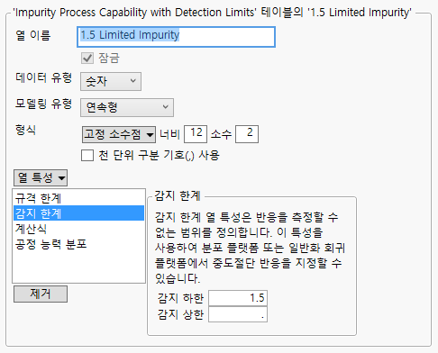 Column Information Window for 1.5 Limited Impurity Column