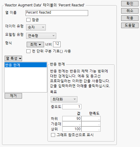 Response Limits Column Property for the Percent Reacted Column