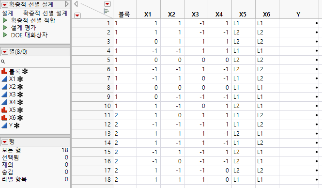 Definitive Screening Design Table Showing Scripts