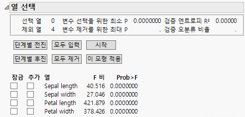 Column Selection Panel for Iris.jmp with a Validation Set