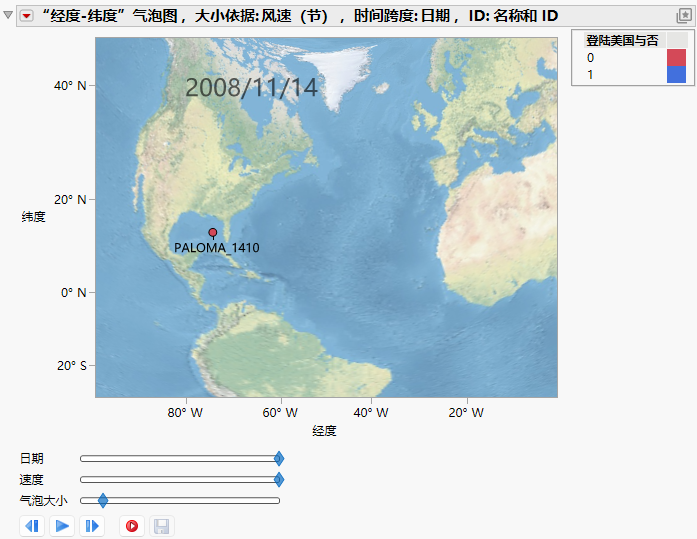 Bubble Plot of Hurricanes.jmp with Background Map