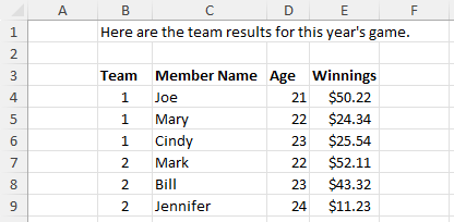 Team Results.xlsx Worksheet