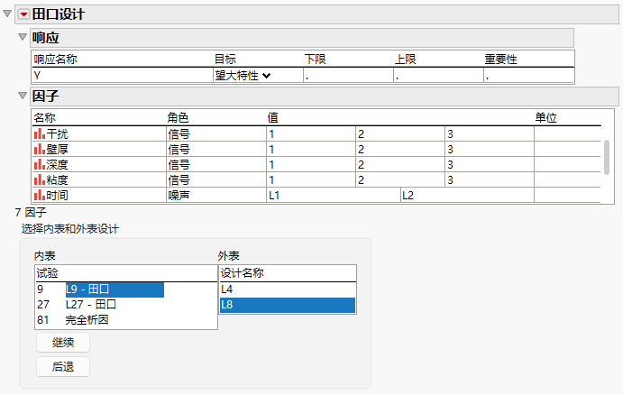 Completed Taguchi Design Window