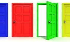 Closed red door next to open green door